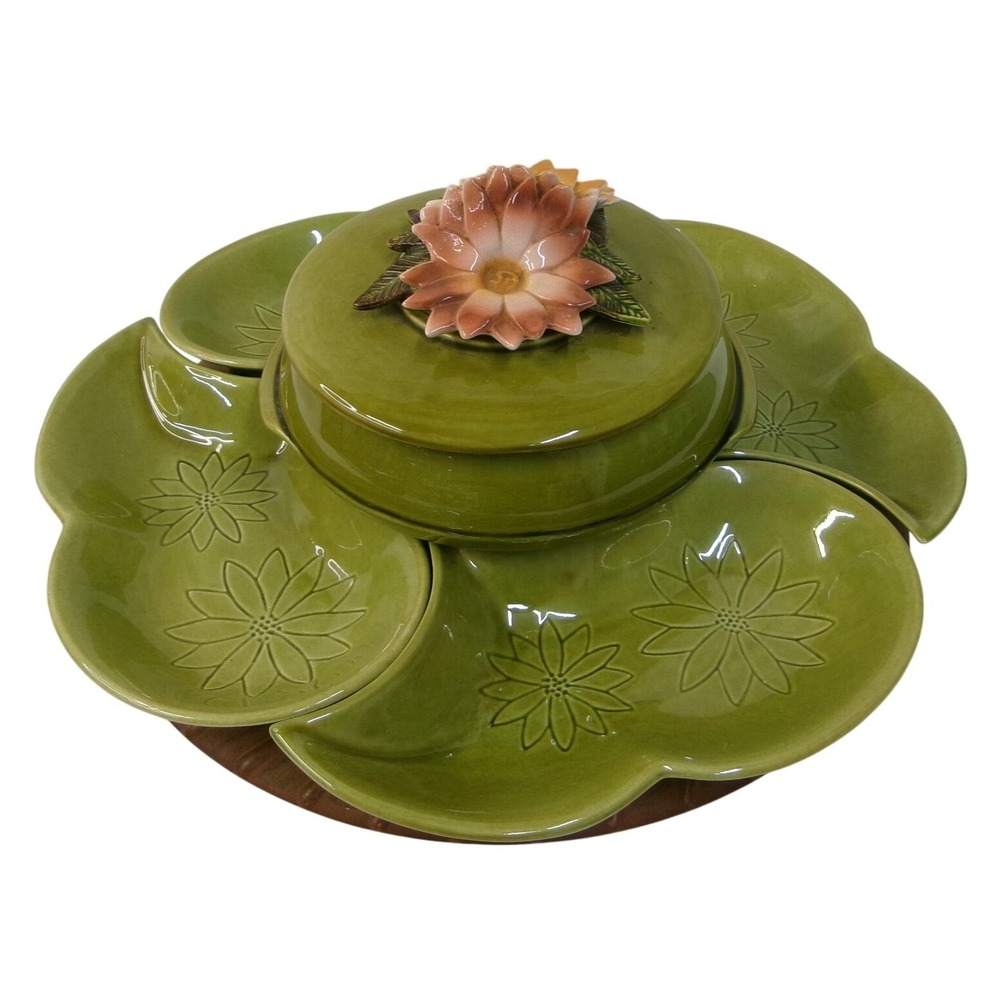 Vintage Mid Century California Pottery Green Floral Lazy Susan Chip Dip Set